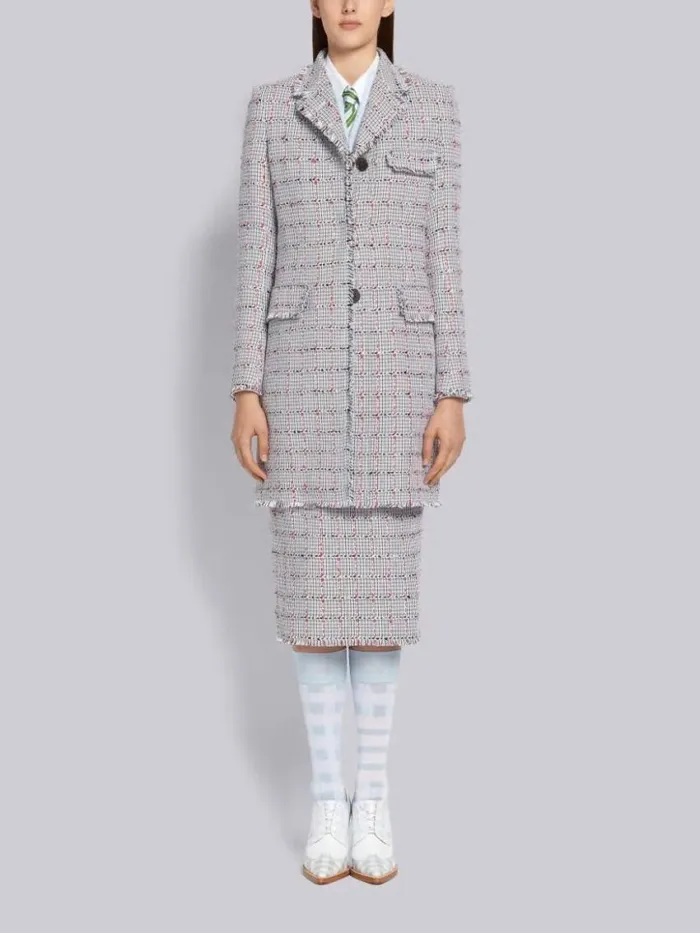 Women Cotton Windowpane University Check Tweed Frayed High Armhole Chesterfield Overcoat Medium Grey Thom Browne Outerwear Women Cotton Windowpane University Check Tweed Frayed High Armhole Chesterfield Overcoat Medium Grey Thom Browne Outerwear