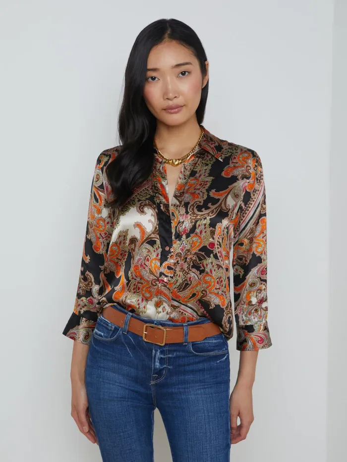 Women Dani Silk Blouse Tonal Tan Paisley Medallion L039Agence Blouses and Tops