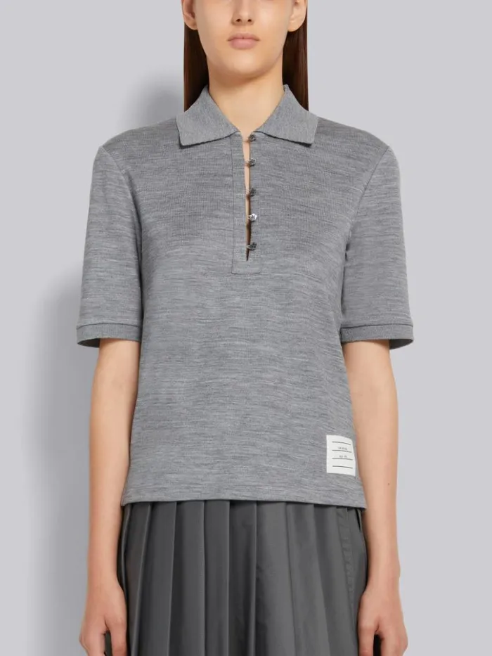 Women Double Face Silk Cotton Mother Of Pearl Flower Button Polo Light Grey Thom Browne Tshirts and Polos