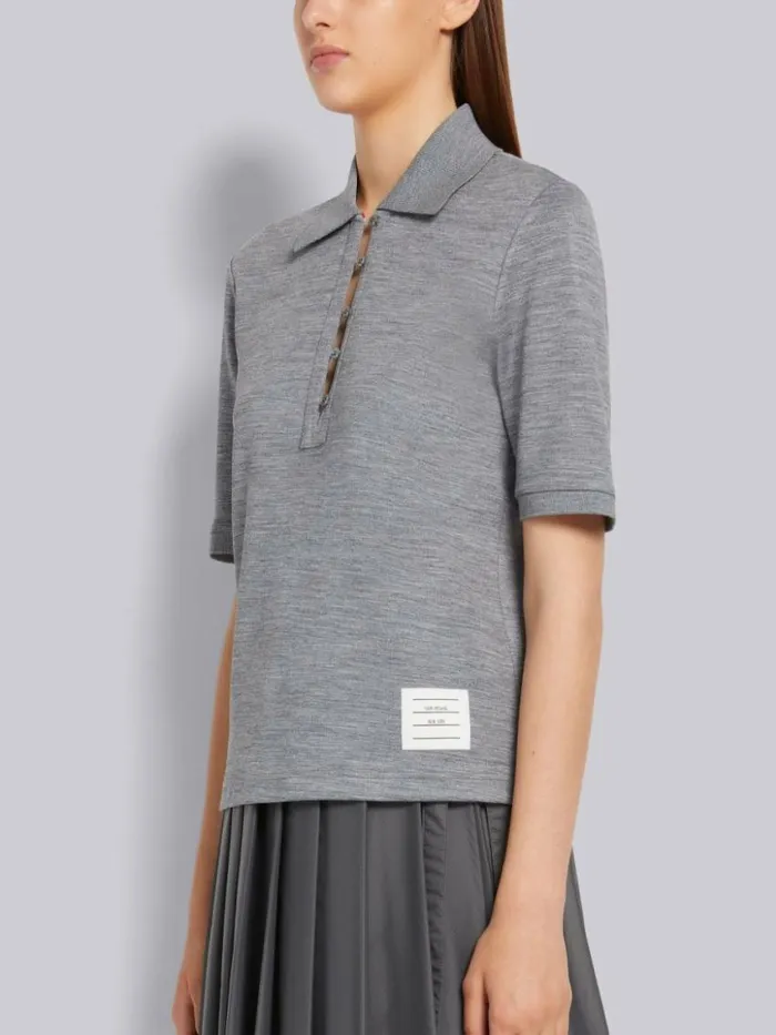 Women Double Face Silk Cotton Mother Of Pearl Flower Button Polo Light Grey Thom Browne Tshirts and Polos