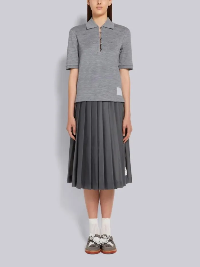 Women Double Face Silk Cotton Mother Of Pearl Flower Button Polo Light Grey Thom Browne Tshirts and Polos