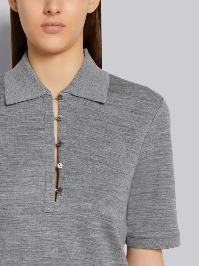 Women Double Face Silk Cotton Mother Of Pearl Flower Button Polo Light Grey Thom Browne Tshirts and Polos