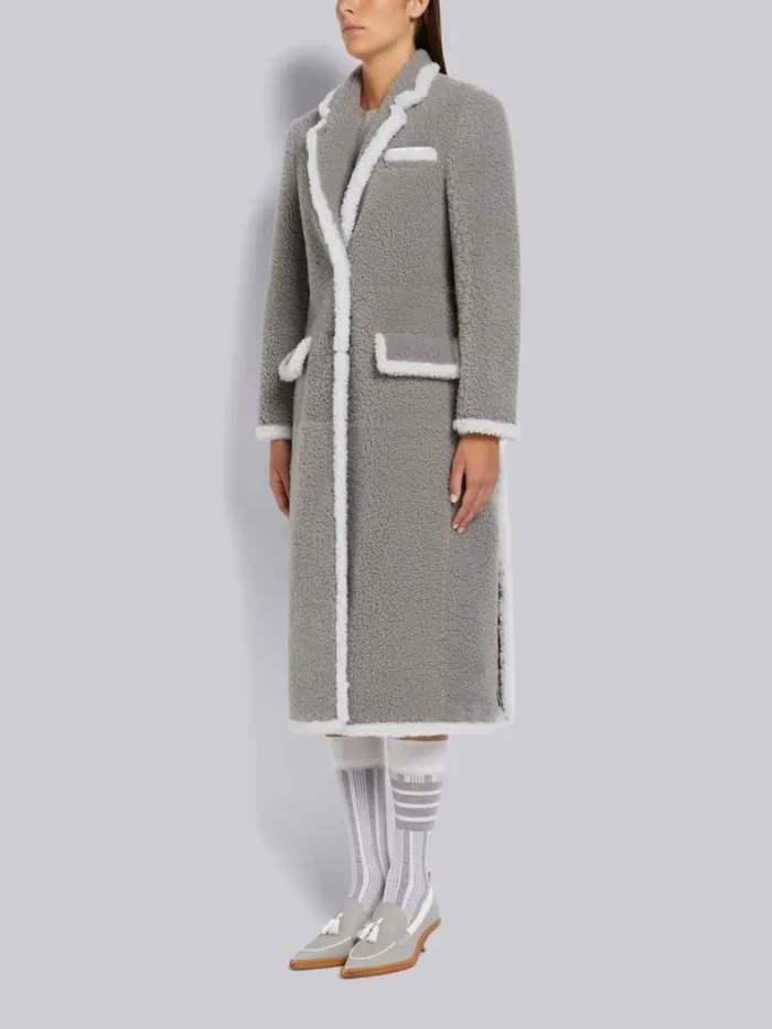 Women Dyed Shearling Contrast Framing Wide Lapel Overcoat Medium Grey Thom Browne Outerwear