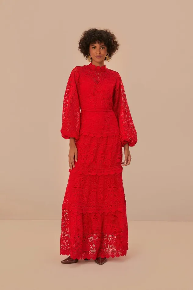 Women Farm Rio Maxi Dresses Red Guipire Long Sleeve Maxi Dress