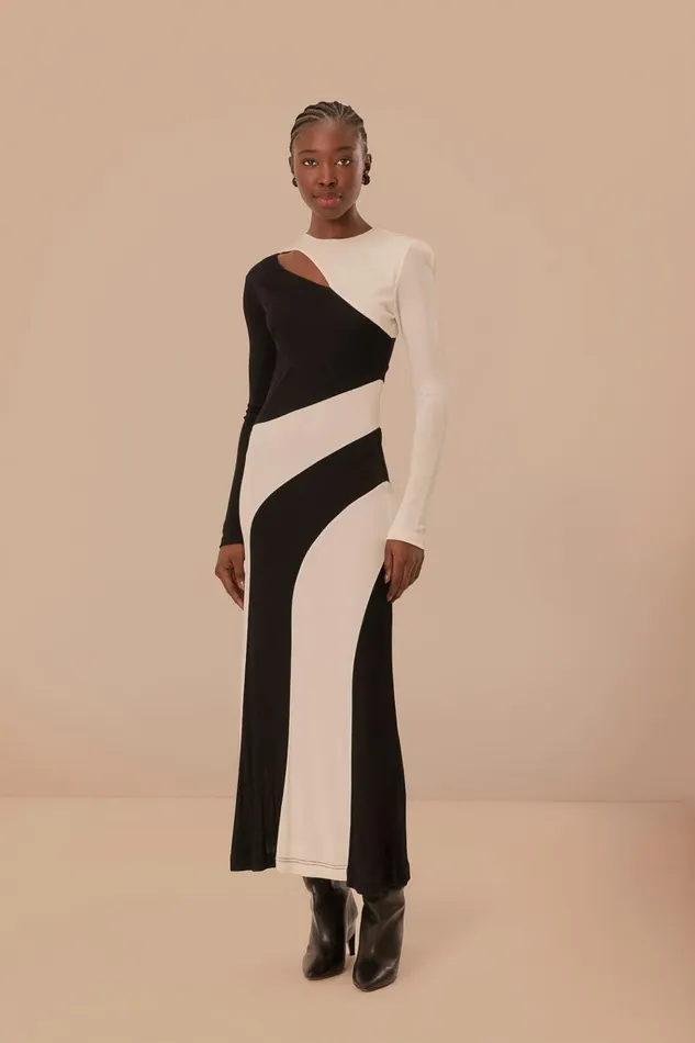 Women Farm Rio Midi Dresses Black And White CutOut Long Sleeve Midi Dress