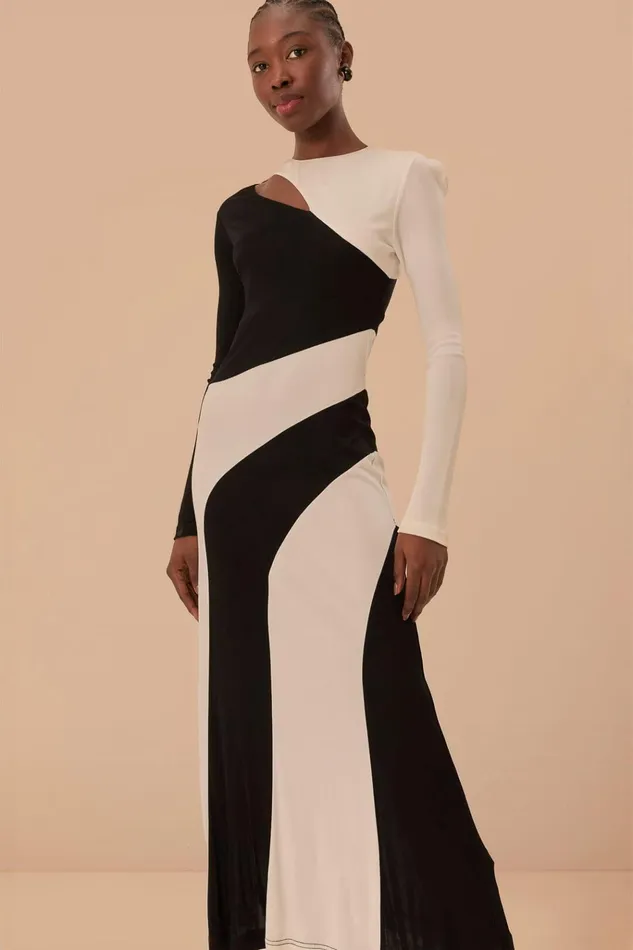 Women Farm Rio Midi Dresses Black And White CutOut Long Sleeve Midi Dress