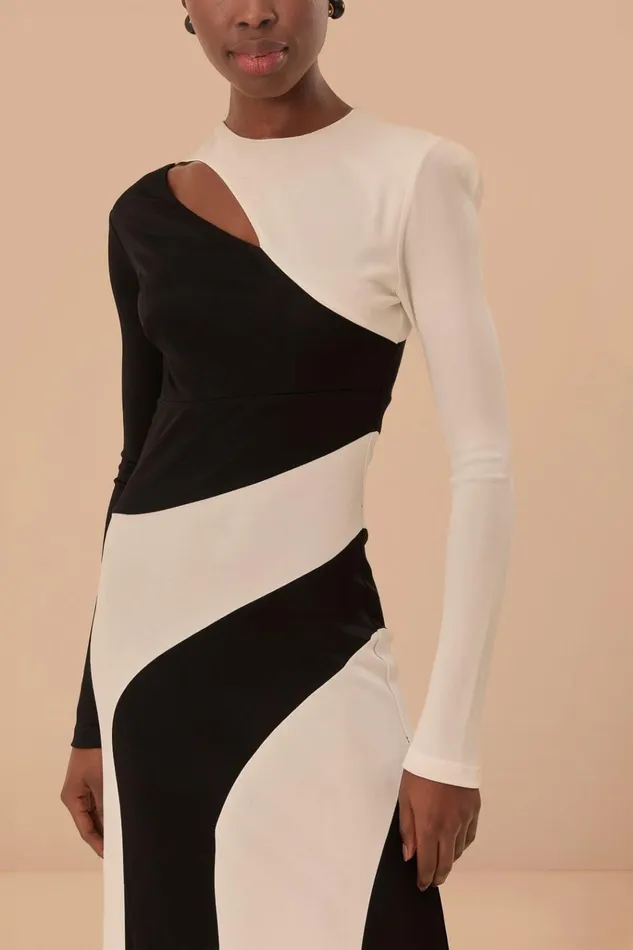 Women Farm Rio Midi Dresses Black And White CutOut Long Sleeve Midi Dress