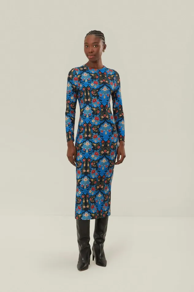 Women Farm Rio Midi Dresses Blue Arabesque Floral Jersey Lenzing Ecovero Midi Dress