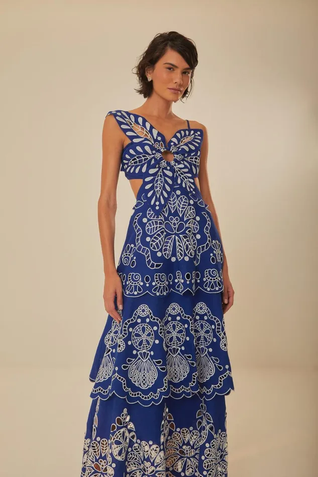 Women Farm Rio Midi Dresses Blue Flower Richelieu Euroflax Premium Linen Midi Dress