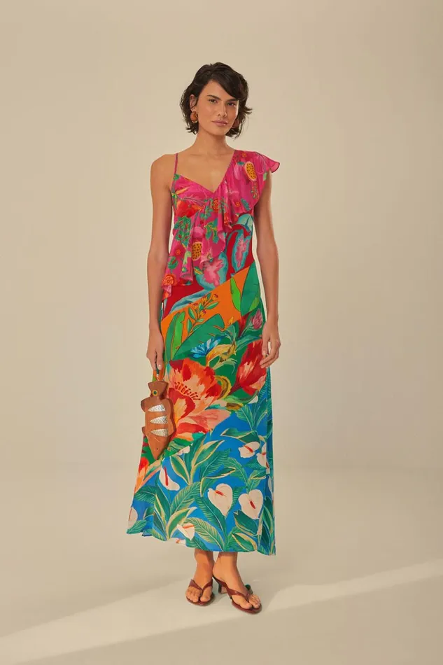 Women Farm Rio Midi Dresses Mixed Flowery Rufle One Strap Midi Dress