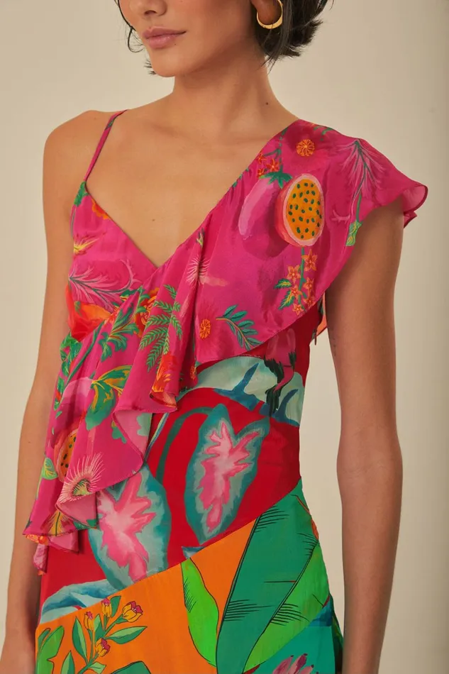 Women Farm Rio Midi Dresses Mixed Flowery Rufle One Strap Midi Dress