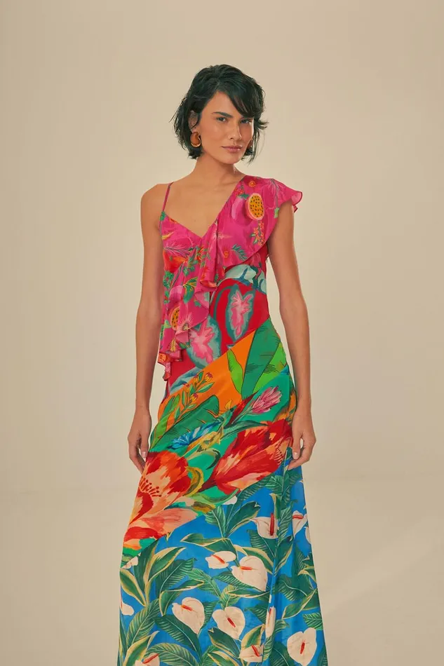 Women Farm Rio Midi Dresses Mixed Flowery Rufle One Strap Midi Dress