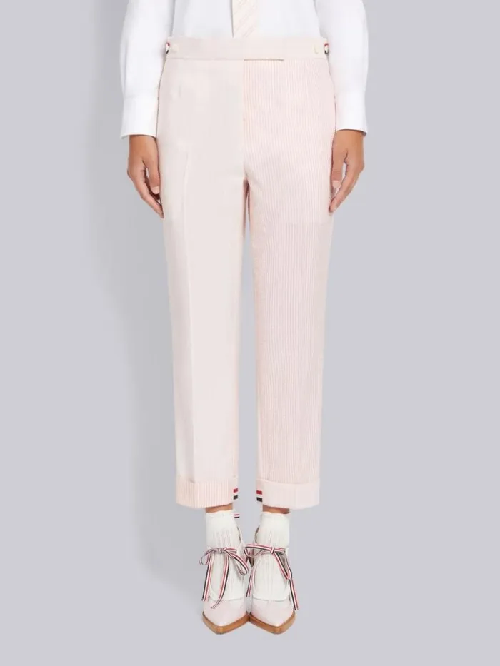 Women Funmix Hairline Stripe Twist Yarn Suiting And Wool Seersucker Low Rise Side Tab Slim Trouser Light Pink Thom Browne Trousers Women Funmix Hairline Stripe Twist Yarn Suiting And Wool Seersucker Low Rise Side Tab Slim Trouser Light Pink Thom Browne Trousers