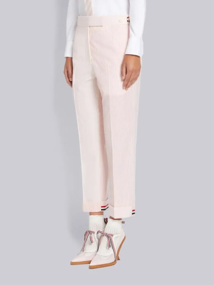 Women Funmix Hairline Stripe Twist Yarn Suiting And Wool Seersucker Low Rise Side Tab Slim Trouser Light Pink Thom Browne Trousers