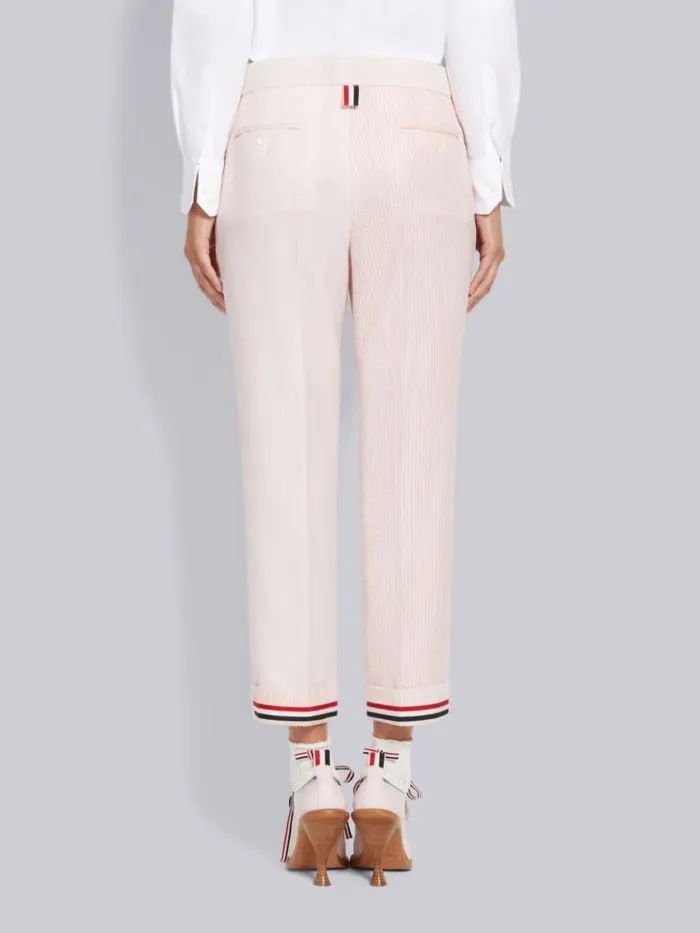 Women Funmix Hairline Stripe Twist Yarn Suiting And Wool Seersucker Low Rise Side Tab Slim Trouser Light Pink Thom Browne Trousers