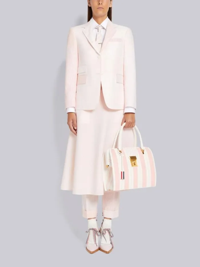 Women Funmix Hairline Stripe Twist Yarn Suiting And Wool Seersucker Low Rise Side Tab Slim Trouser Light Pink Thom Browne Trousers