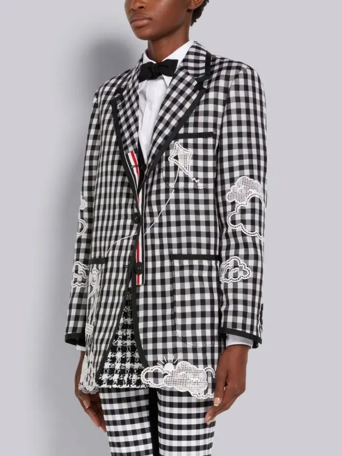 Women Gingham Check Double Organdy Broderie Anglaise Unconstructed Oversized Sack Jacket Black And White Thom Browne Jackets