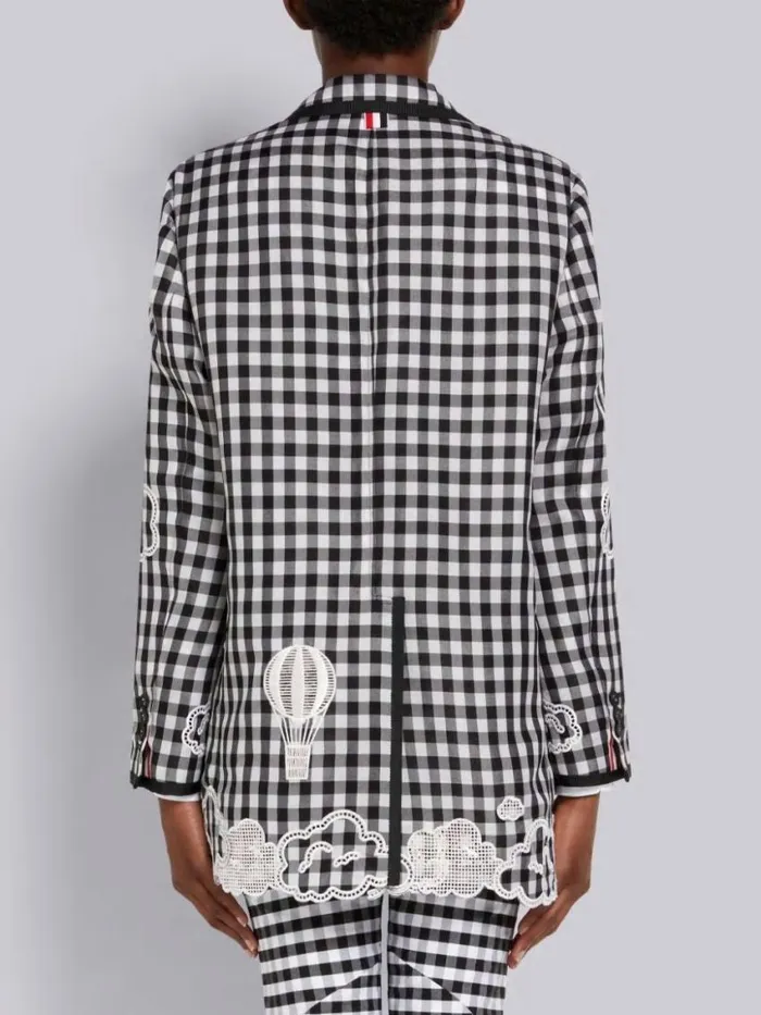 Women Gingham Check Double Organdy Broderie Anglaise Unconstructed Oversized Sack Jacket Black And White Thom Browne Jackets