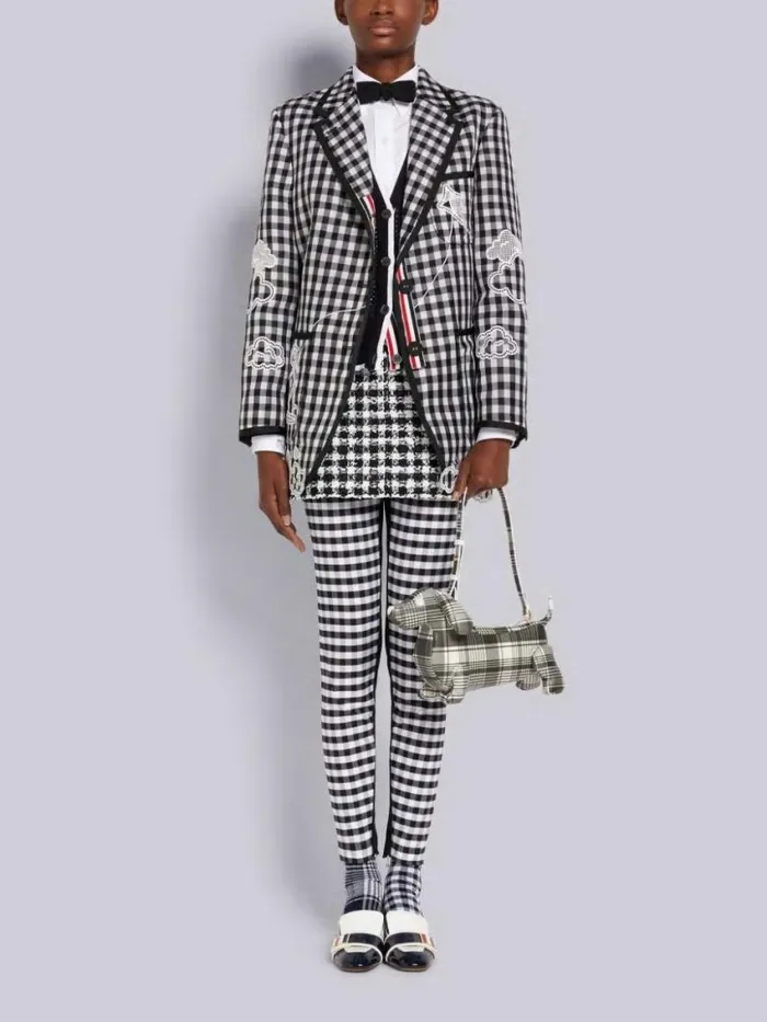 Women Gingham Check Double Organdy Broderie Anglaise Unconstructed Oversized Sack Jacket Black And White Thom Browne Jackets