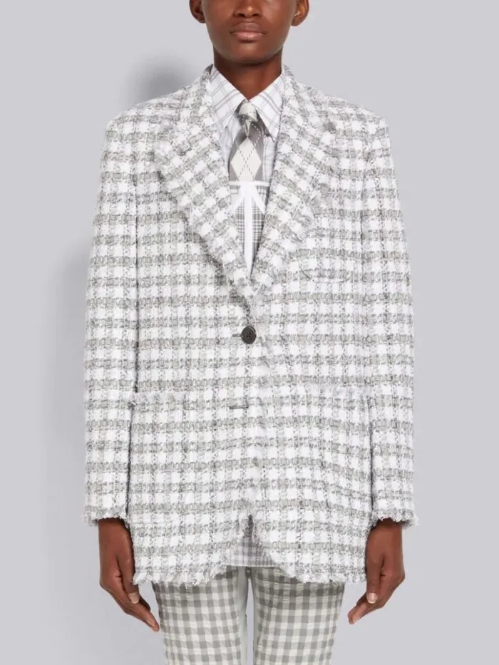 Women Gingham Check Tweed Frayed Oversized Sack Jacket Medium Grey Thom Browne Jackets