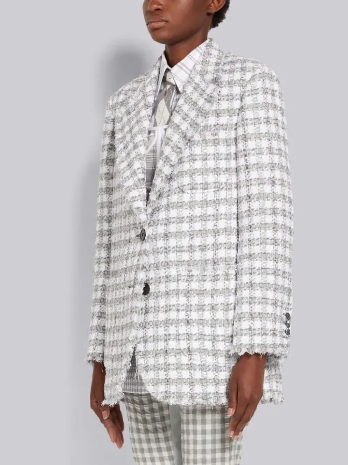 Women Gingham Check Tweed Frayed Oversized Sack Jacket Medium Grey Thom Browne Jackets
