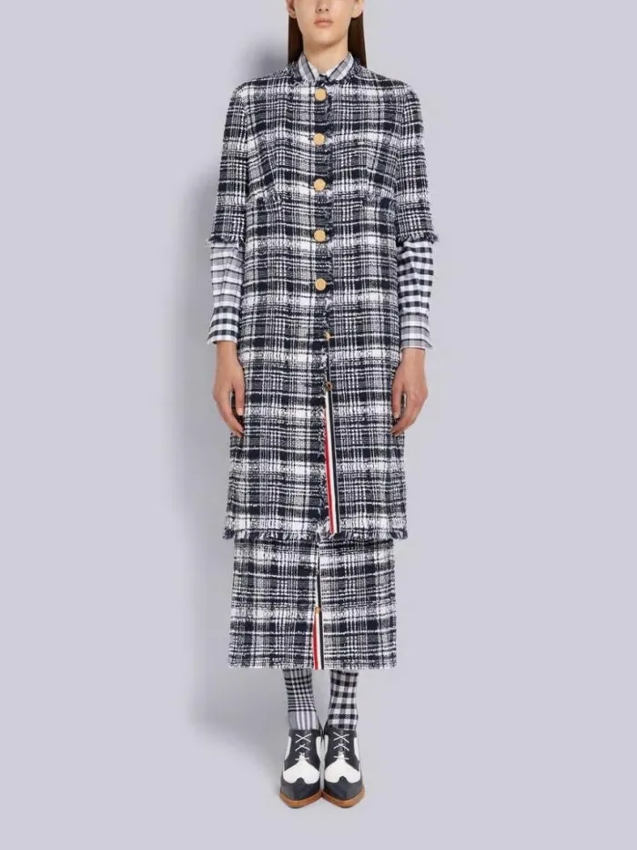 Women Hairline Madras Ribbon Tweed Frayed Unconstructed Short Sleeve Unconstructed Cardigan Overcoat Navy Thom Browne Outerwear Women Hairline Madras Ribbon Tweed Frayed Unconstructed Short Sleeve Unconstructed Cardigan Overcoat Navy Thom Browne Outerwear