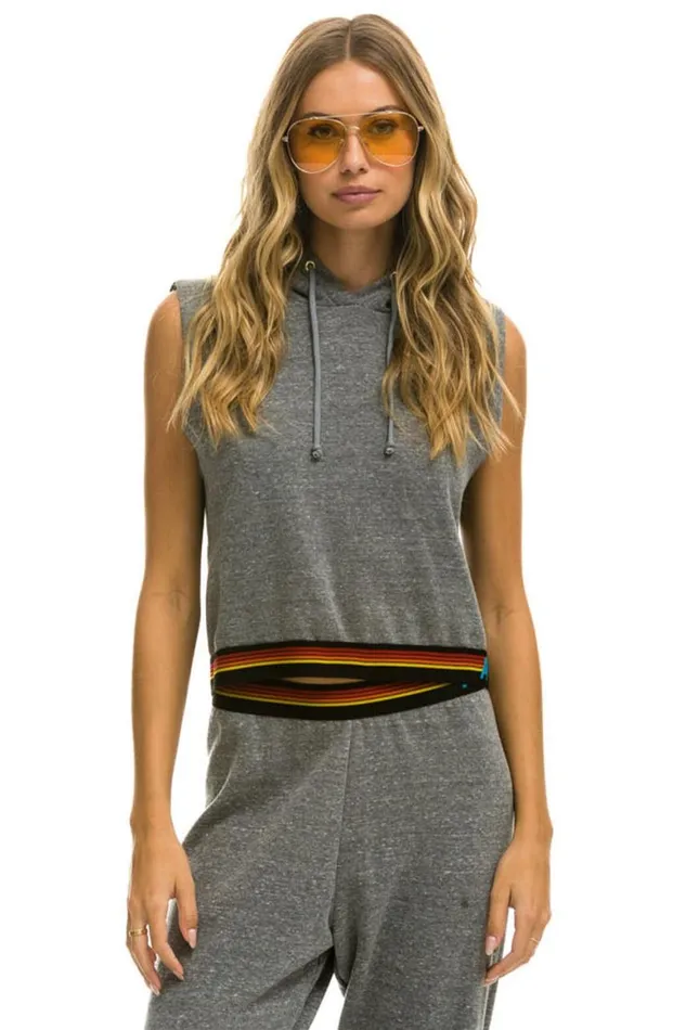 Women Hoodies Aviator Nation Logo Stripe Sleeveless Crop Pullover Hoodie 8211 Heather Grey Women Hoodies Aviator Nation Logo Stripe Sleeveless Crop Pullover Hoodie 8211 Heather Grey