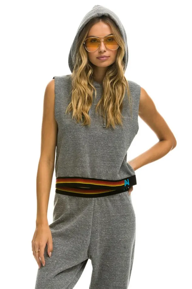 Women Hoodies Aviator Nation Logo Stripe Sleeveless Crop Pullover Hoodie 8211 Heather Grey