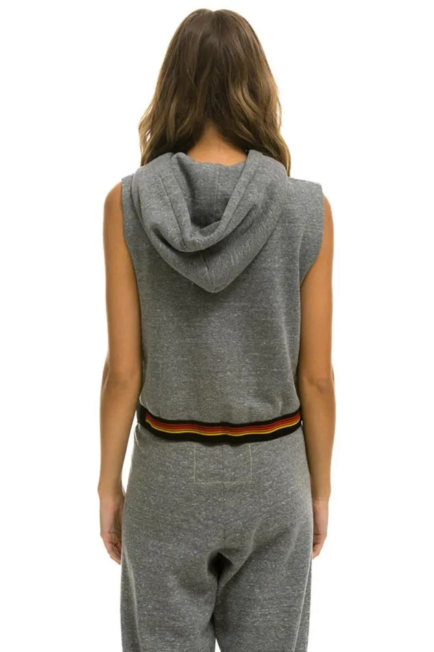 Women Hoodies Aviator Nation Logo Stripe Sleeveless Crop Pullover Hoodie 8211 Heather Grey