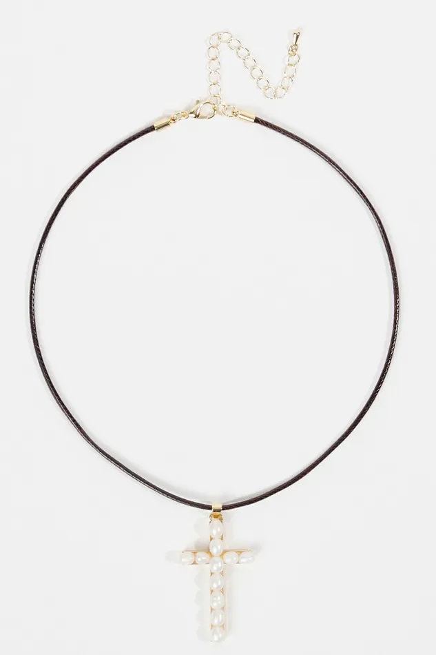 Women Jewelry Altar8217d State Pearl Cross Pendant Cord Choker Necklace