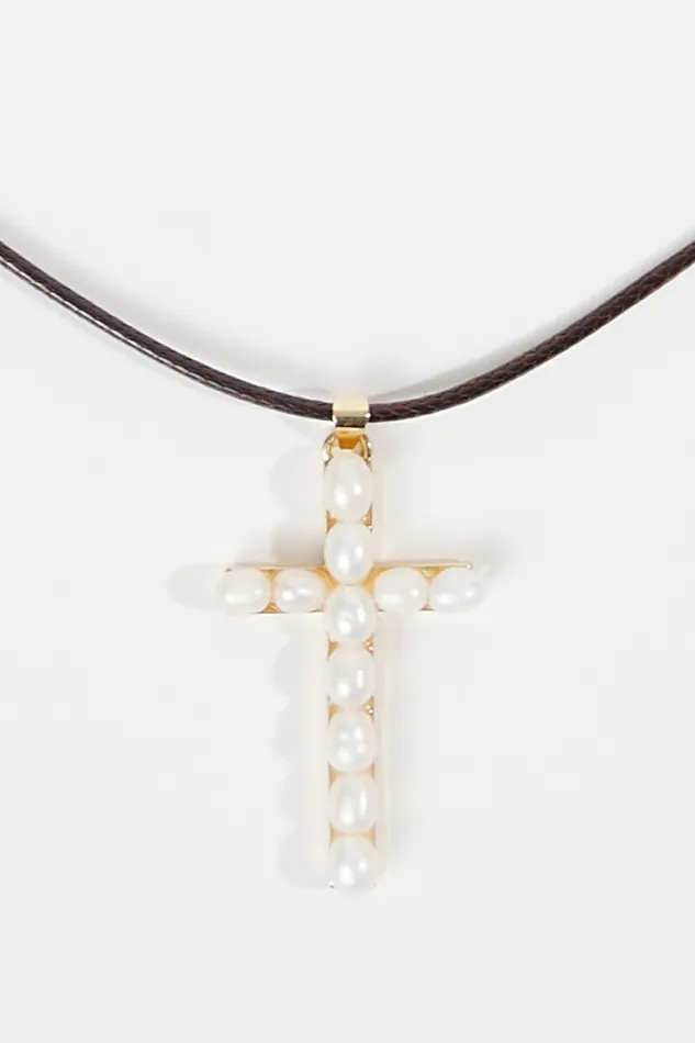 Women Jewelry Altar8217d State Pearl Cross Pendant Cord Choker Necklace