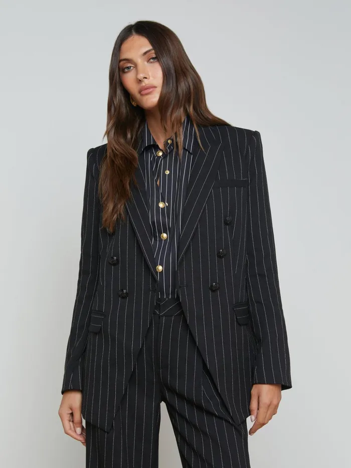 Women Kendi Pinstriped Long Blazer Blackecru L039Agence Matching Sets