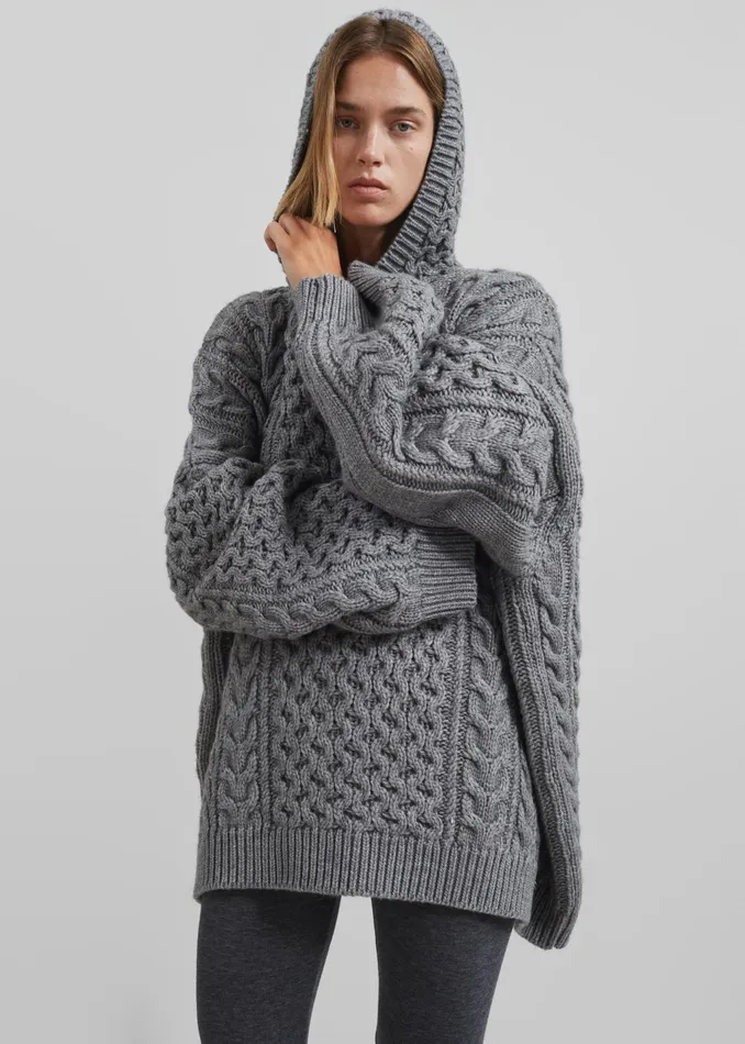 Women Knitwear The Frankie Shop Adare Braided Knit Hoodie 8211 Grey