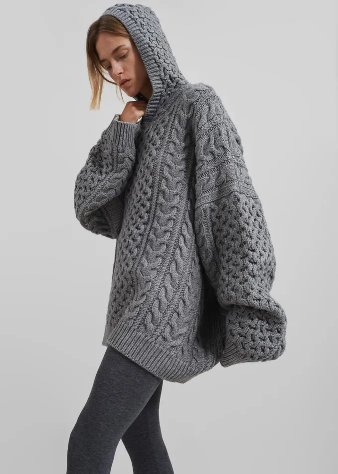 Women Knitwear The Frankie Shop Adare Braided Knit Hoodie 8211 Grey