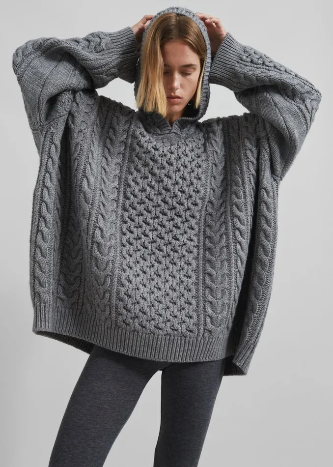 Women Knitwear The Frankie Shop Adare Braided Knit Hoodie 8211 Grey