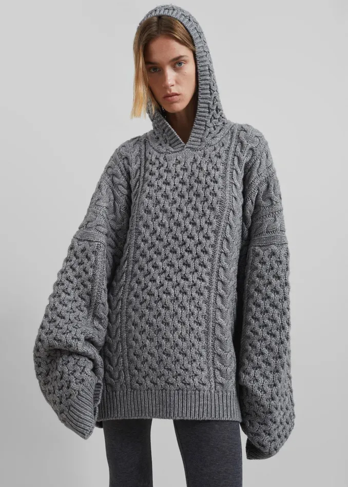 Women Knitwear The Frankie Shop Adare Braided Knit Hoodie 8211 Grey