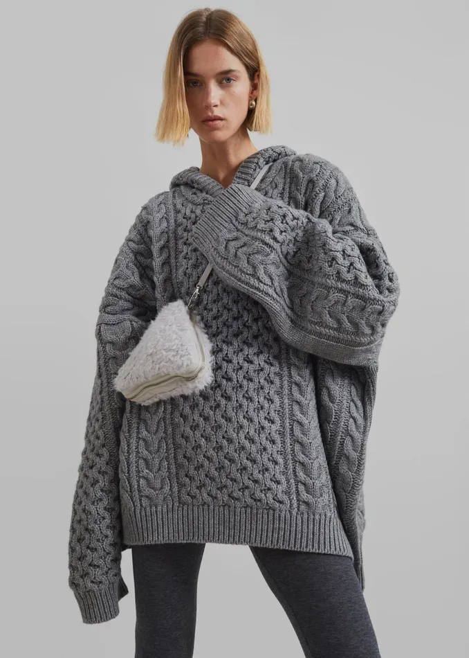 Women Knitwear The Frankie Shop Adare Braided Knit Hoodie 8211 Grey
