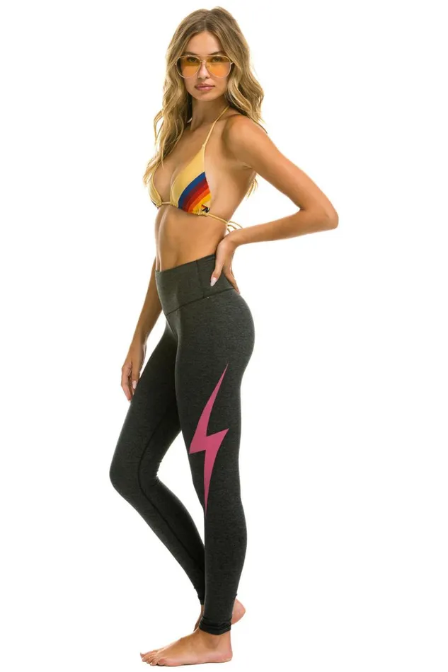 Women Leggings Aviator Nation Full Length HiRise Bolt Leggings 8211 Charcoal Neon Pink