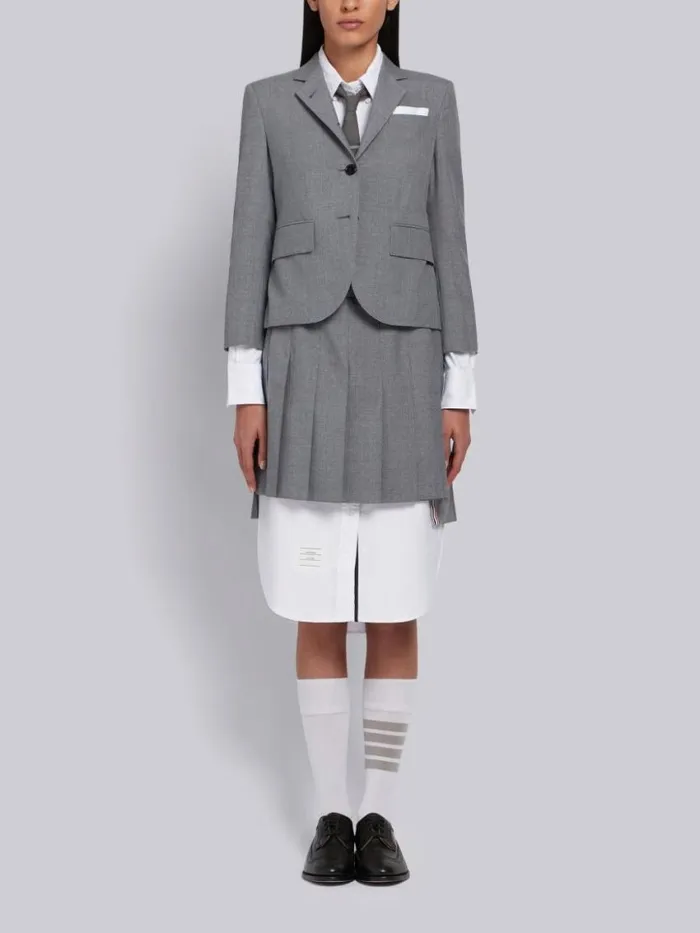 Women Medium School Uniform Plain Weave Grosgrain Stripe Dropped Back Pleated Mini Skirt Grey Thom Browne Skirts