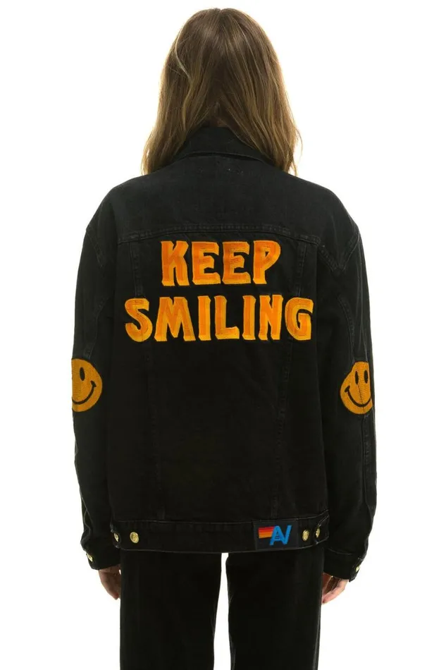 WomenMen Denim Aviator Nation Keep Smiling Oversized Concert Denim Jacket 8211 Vintage Black