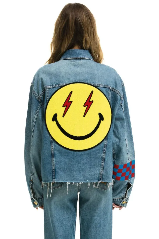 WomenMen Denim Aviator Nation Stoked Bolt Smiley Oversized Cutoff Denim Jacket 8211 Vintage