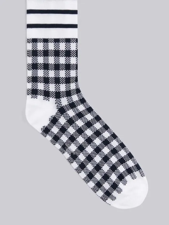 WomenMen Funmix Gingham And Madras Mercerized Cotton 4bar Mid Calf Socks Navy Thom Browne Novelty And Knits