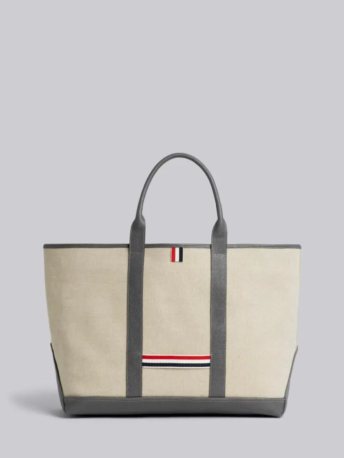 WomenMen Light Grey Heavy Linen Leather Handle Medium Tool Tote Natural Thom Browne Handbags and Totes