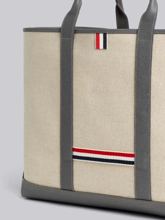 WomenMen Light Grey Heavy Linen Leather Handle Medium Tool Tote Natural Thom Browne Handbags and Totes