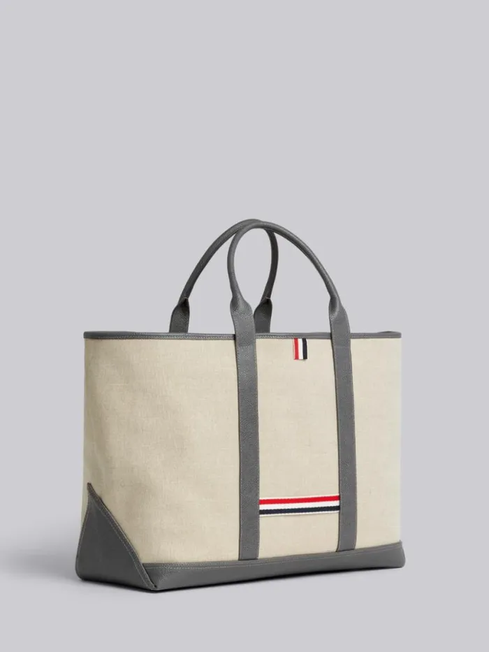 WomenMen Light Grey Heavy Linen Leather Handle Medium Tool Tote Natural Thom Browne Handbags and Totes