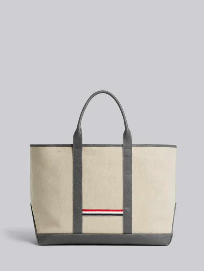 WomenMen Light Grey Heavy Linen Leather Handle Medium Tool Tote Natural Thom Browne Handbags and Totes