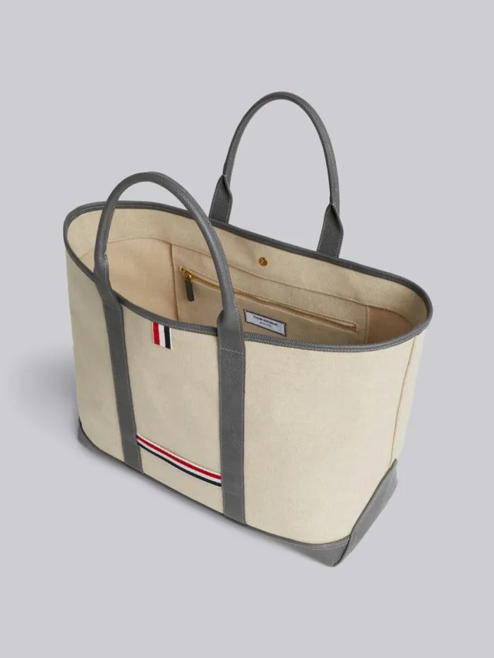 WomenMen Light Grey Heavy Linen Leather Handle Medium Tool Tote Natural Thom Browne Handbags and Totes