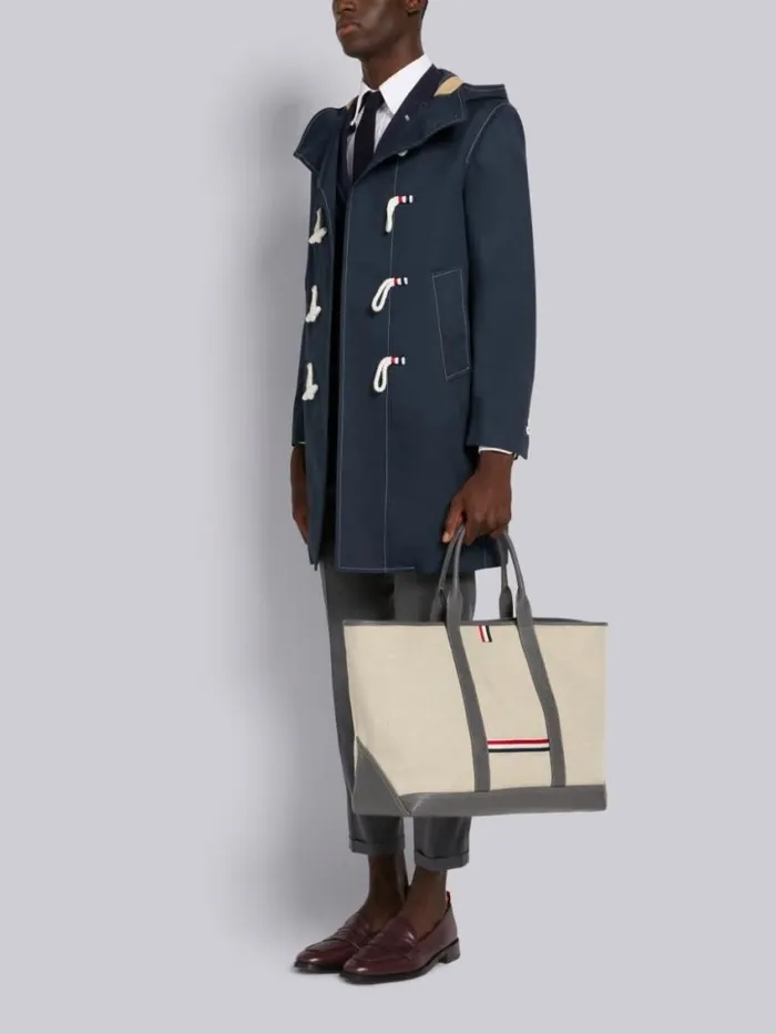WomenMen Light Grey Heavy Linen Leather Handle Medium Tool Tote Natural Thom Browne Handbags and Totes