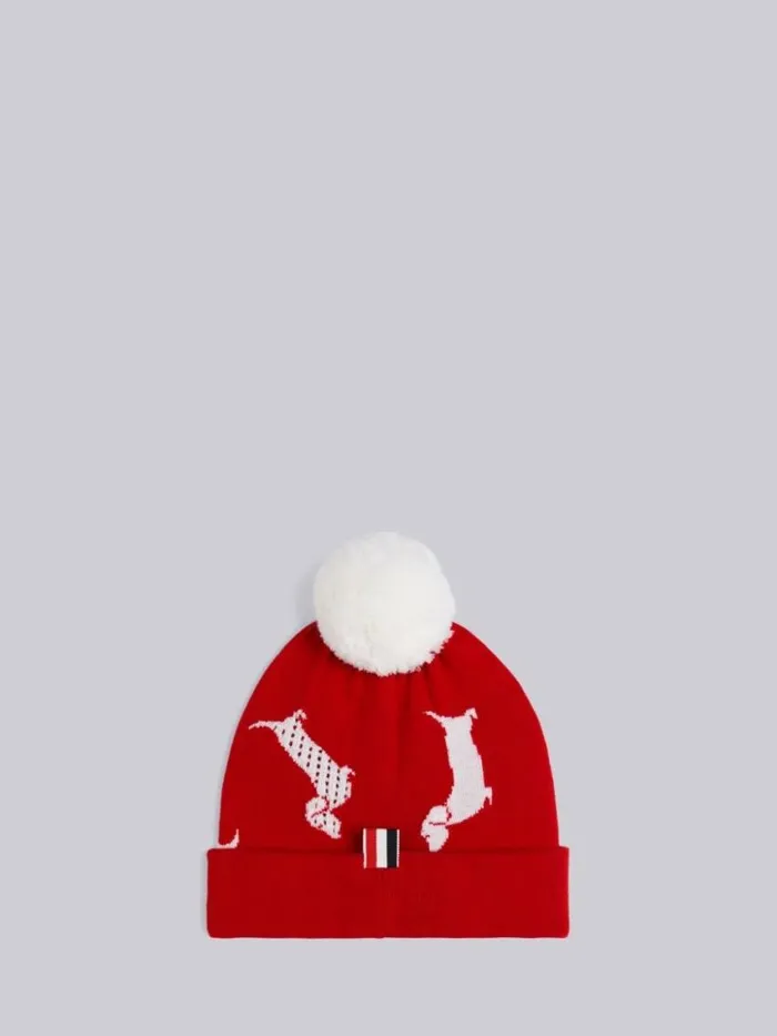 WomenMen Merino Wool Hector Half Drop Intarsia Pom Pom Hat Red Thom Browne Novelty And Knits