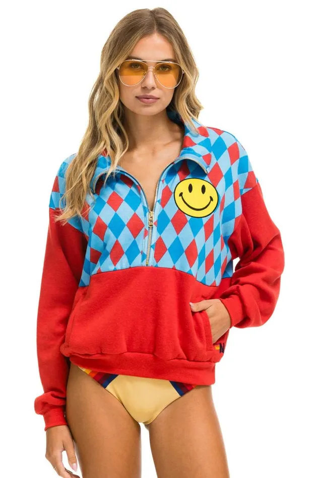 WomenMen Sweatshirts Aviator Nation Diamond Smiley 2 Fleece Half Zip Color Block Sweatshirt 8211 Red Sky WomenMen Sweatshirts Aviator Nation Diamond Smiley 2 Fleece Half Zip Color Block Sweatshirt 8211 Red Sky